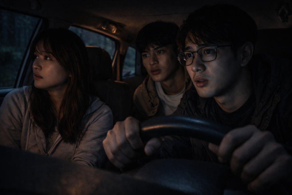 บรรยากาศในรถตอนขับกลางคืนบนถนนเปลี่ยว เพื่อนสามคนนั่งเงียบมองทางข้างหน้าอย่างตึงเครียด